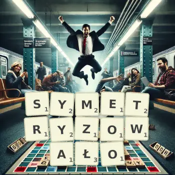 Kreatywna ilustracja do gry w Scrabble ze słowem SYMETRYZOWAŁO ułożonym z płytek na planszy.