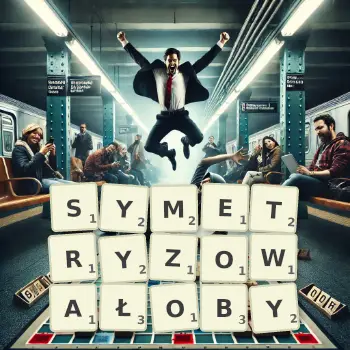 Kreatywna ilustracja do gry w Scrabble ze słowem SYMETRYZOWAŁOBY ułożonym z płytek na planszy.