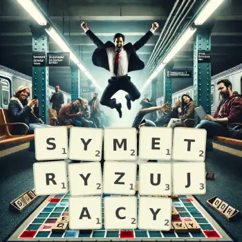 Kreatywna ilustracja do gry w Scrabble ze słowem SYMETRYZUJACY ułożonym z płytek na planszy.