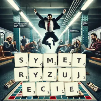 Kreatywna ilustracja do gry w Scrabble ze słowem SYMETRYZUJECIE ułożonym z płytek na planszy.