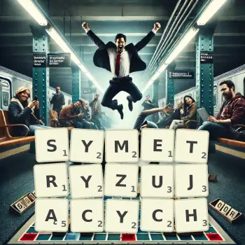 Kreatywna ilustracja do gry w Scrabble ze słowem SYMETRYZUJĄCYCH ułożonym z płytek na planszy.