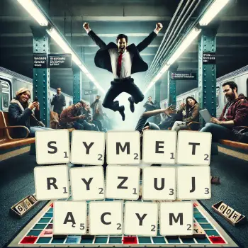 Kreatywna ilustracja do gry w Scrabble ze słowem SYMETRYZUJĄCYM ułożonym z płytek na planszy.