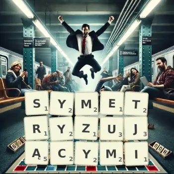 Kreatywna ilustracja do gry w Scrabble ze słowem SYMETRYZUJĄCYMI ułożonym z płytek na planszy.