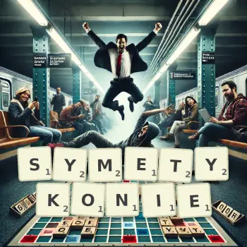 Kreatywna ilustracja do gry w Scrabble ze słowem SYMETYKONIE ułożonym z płytek na planszy.