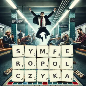 Kreatywna ilustracja do gry w Scrabble ze słowem SYMFEROPOLCZYKA ułożonym z płytek na planszy.