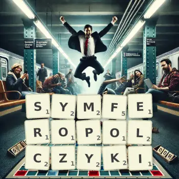 Kreatywna ilustracja do gry w Scrabble ze słowem SYMFEROPOLCZYKI ułożonym z płytek na planszy.