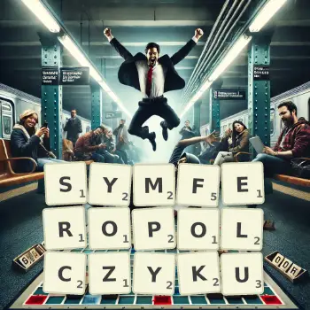 Kreatywna ilustracja do gry w Scrabble ze słowem SYMFEROPOLCZYKU ułożonym z płytek na planszy.