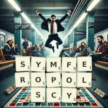 Kreatywna ilustracja do gry w Scrabble ze słowem SYMFEROPOLSCY ułożonym z płytek na planszy.