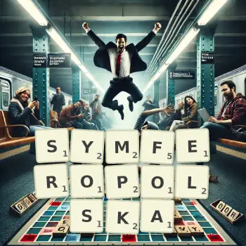 Kreatywna ilustracja do gry w Scrabble ze słowem SYMFEROPOLSKA ułożonym z płytek na planszy.