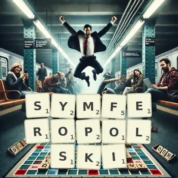 Kreatywna ilustracja do gry w Scrabble ze słowem SYMFEROPOLSKI ułożonym z płytek na planszy.