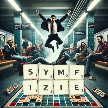 Kreatywna ilustracja do gry w Scrabble ze słowem SYMFIZIE ułożonym z płytek na planszy.