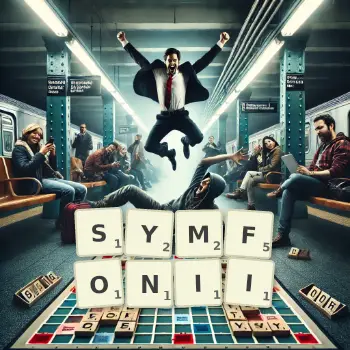 Kreatywna ilustracja do gry w Scrabble ze słowem SYMFONII ułożonym z płytek na planszy.