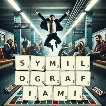 Kreatywna ilustracja do gry w Scrabble ze słowem SYMILOGRAFIAMI ułożonym z płytek na planszy.