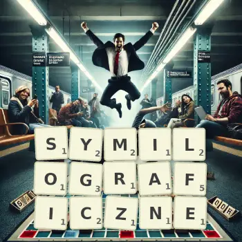 Kreatywna ilustracja do gry w Scrabble ze słowem SYMILOGRAFICZNE ułożonym z płytek na planszy.