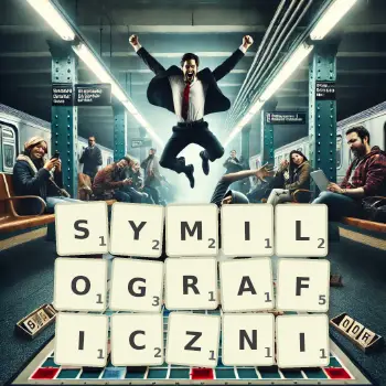 Kreatywna ilustracja do gry w Scrabble ze słowem SYMILOGRAFICZNI ułożonym z płytek na planszy.