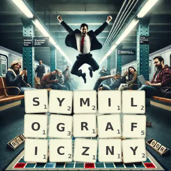 Kreatywna ilustracja do gry w Scrabble ze słowem SYMILOGRAFICZNY ułożonym z płytek na planszy.