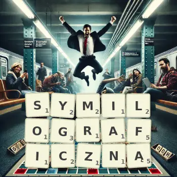 Kreatywna ilustracja do gry w Scrabble ze słowem SYMILOGRAFICZNĄ ułożonym z płytek na planszy.