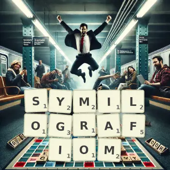 Kreatywna ilustracja do gry w Scrabble ze słowem SYMILOGRAFIOM ułożonym z płytek na planszy.