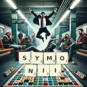 Kreatywna ilustracja do gry w Scrabble ze słowem SYMONII ułożonym z płytek na planszy.