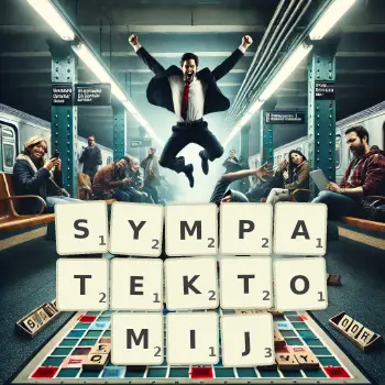 Kreatywna ilustracja do gry w Scrabble ze słowem SYMPATEKTOMIJ ułożonym z płytek na planszy.
