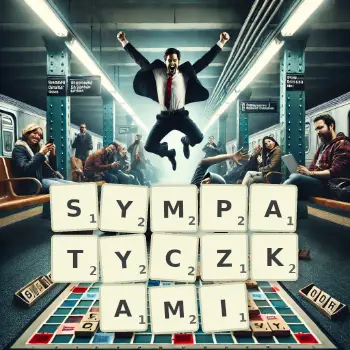 Kreatywna ilustracja do gry w Scrabble ze słowem SYMPATYCZKAMI ułożonym z płytek na planszy.
