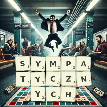 Kreatywna ilustracja do gry w Scrabble ze słowem SYMPATYCZNYCH ułożonym z płytek na planszy.
