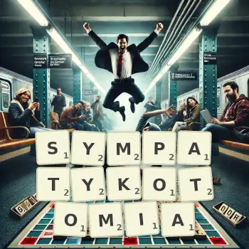 Kreatywna ilustracja do gry w Scrabble ze słowem SYMPATYKOTOMIA ułożonym z płytek na planszy.