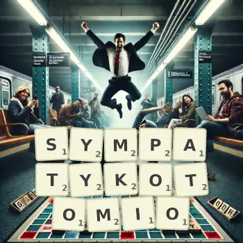 Kreatywna ilustracja do gry w Scrabble ze słowem SYMPATYKOTOMIO ułożonym z płytek na planszy.
