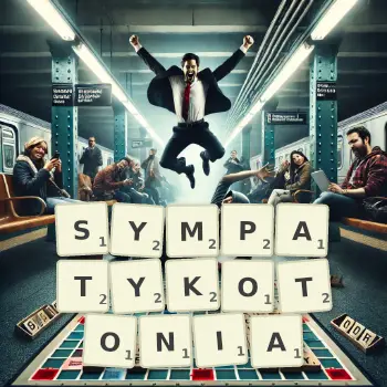 Kreatywna ilustracja do gry w Scrabble ze słowem SYMPATYKOTONIA ułożonym z płytek na planszy.