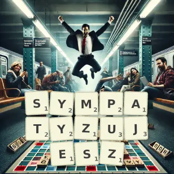 Kreatywna ilustracja do gry w Scrabble ze słowem SYMPATYZUJESZ ułożonym z płytek na planszy.