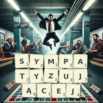 Kreatywna ilustracja do gry w Scrabble ze słowem SYMPATYZUJĄCEJ ułożonym z płytek na planszy.