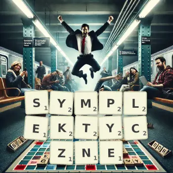 Kreatywna ilustracja do gry w Scrabble ze słowem SYMPLEKTYCZNE ułożonym z płytek na planszy.