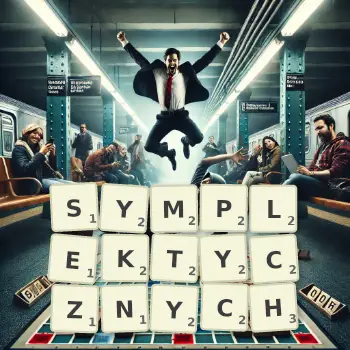 Kreatywna ilustracja do gry w Scrabble ze słowem SYMPLEKTYCZNYCH ułożonym z płytek na planszy.