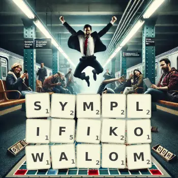 Kreatywna ilustracja do gry w Scrabble ze słowem SYMPLIFIKOWALOM ułożonym z płytek na planszy.