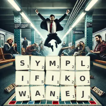 Kreatywna ilustracja do gry w Scrabble ze słowem SYMPLIFIKOWANEJ ułożonym z płytek na planszy.