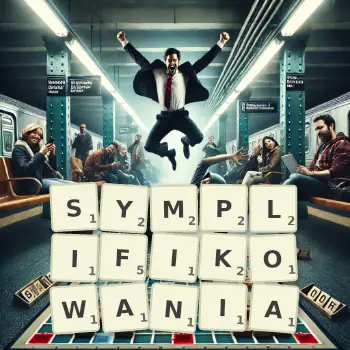 Kreatywna ilustracja do gry w Scrabble ze słowem SYMPLIFIKOWANIA ułożonym z płytek na planszy.