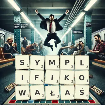 Kreatywna ilustracja do gry w Scrabble ze słowem SYMPLIFIKOWAŁAŚ ułożonym z płytek na planszy.