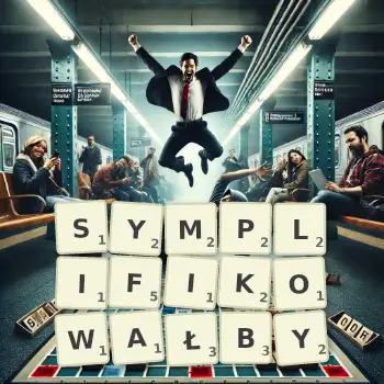 Kreatywna ilustracja do gry w Scrabble ze słowem SYMPLIFIKOWAŁBY ułożonym z płytek na planszy.