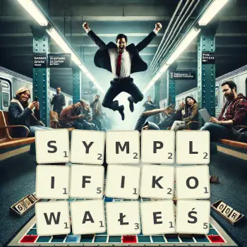 Kreatywna ilustracja do gry w Scrabble ze słowem SYMPLIFIKOWAŁEŚ ułożonym z płytek na planszy.