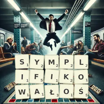 Kreatywna ilustracja do gry w Scrabble ze słowem SYMPLIFIKOWAŁOŚ ułożonym z płytek na planszy.