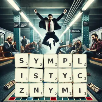 Kreatywna ilustracja do gry w Scrabble ze słowem SYMPLISTYCZNYMI ułożonym z płytek na planszy.