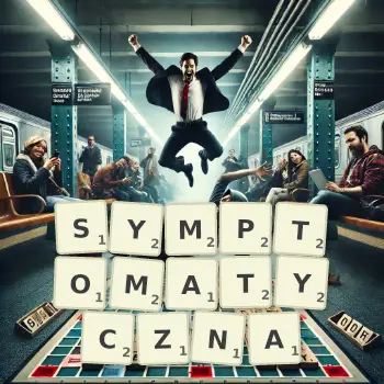 Kreatywna ilustracja do gry w Scrabble ze słowem SYMPTOMATYCZNA ułożonym z płytek na planszy.