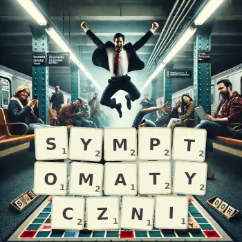 Kreatywna ilustracja do gry w Scrabble ze słowem SYMPTOMATYCZNI ułożonym z płytek na planszy.