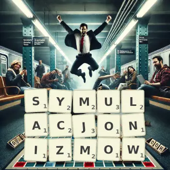 Kreatywna ilustracja do gry w Scrabble ze słowem SYMULACJONIZMOW ułożonym z płytek na planszy.