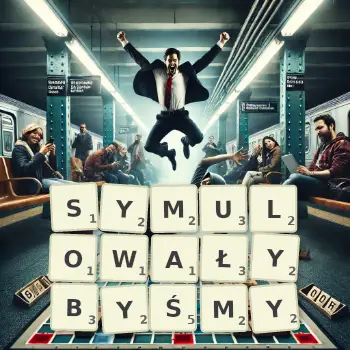 Kreatywna ilustracja do gry w Scrabble ze słowem SYMULOWAŁYBYŚMY ułożonym z płytek na planszy.
