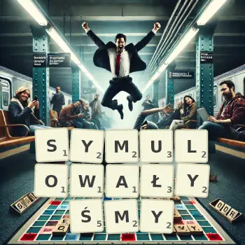 Kreatywna ilustracja do gry w Scrabble ze słowem SYMULOWAŁYŚMY ułożonym z płytek na planszy.