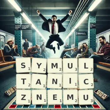 Kreatywna ilustracja do gry w Scrabble ze słowem SYMULTANICZNEMU ułożonym z płytek na planszy.