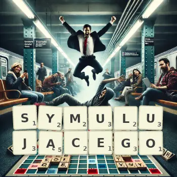 Kreatywna ilustracja do gry w Scrabble ze słowem SYMULUJĄCEGO ułożonym z płytek na planszy.