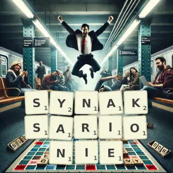 Kreatywna ilustracja do gry w Scrabble ze słowem SYNAKSARIONIE ułożonym z płytek na planszy.