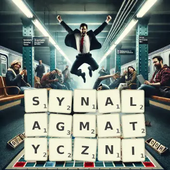 Kreatywna ilustracja do gry w Scrabble ze słowem SYNALAGMATYCZNI ułożonym z płytek na planszy.